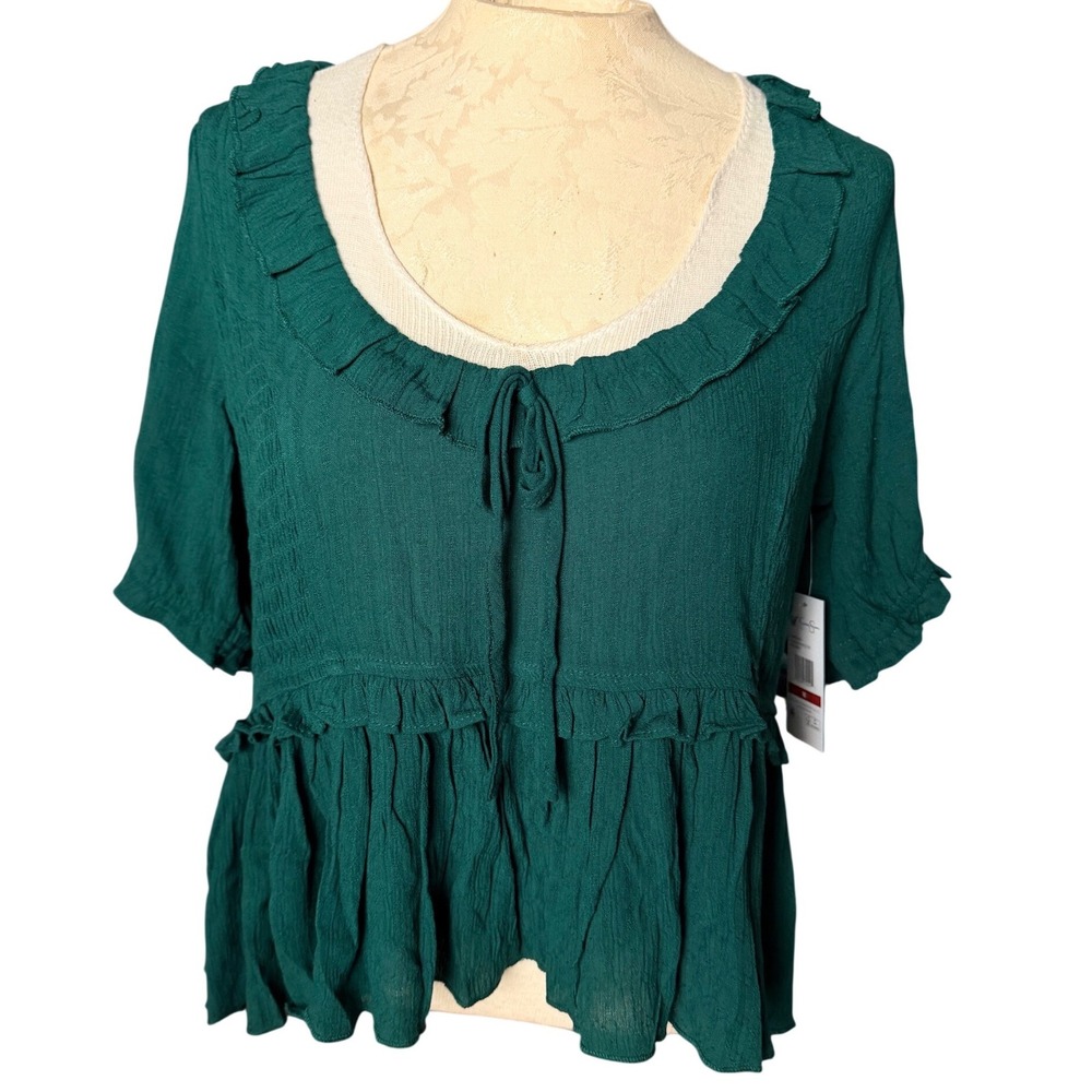 Jessica Simpson Womens Green Ruffle Smocked Peplum Blouse Top Size M New